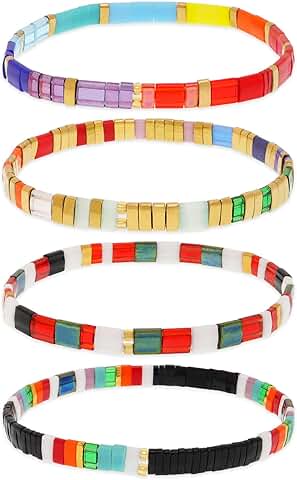 Set of four flat beaded stretch bracelets for women