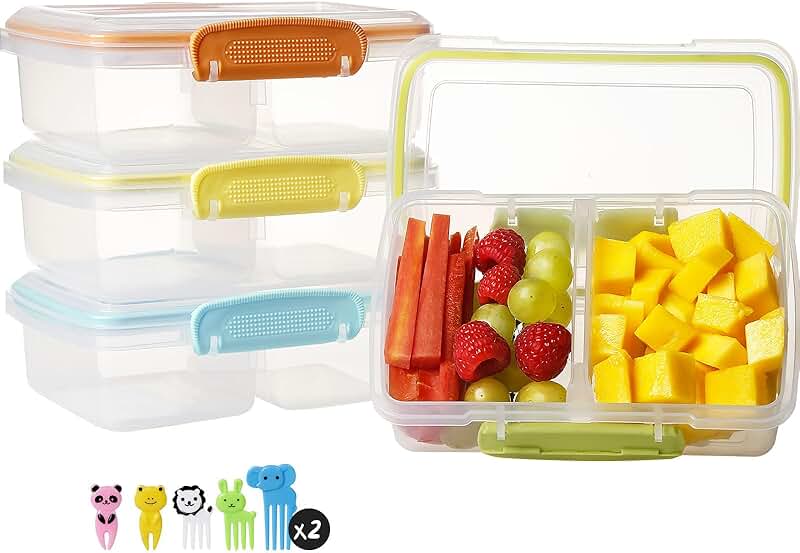 Set of 4 divided plastic snack containers with lids