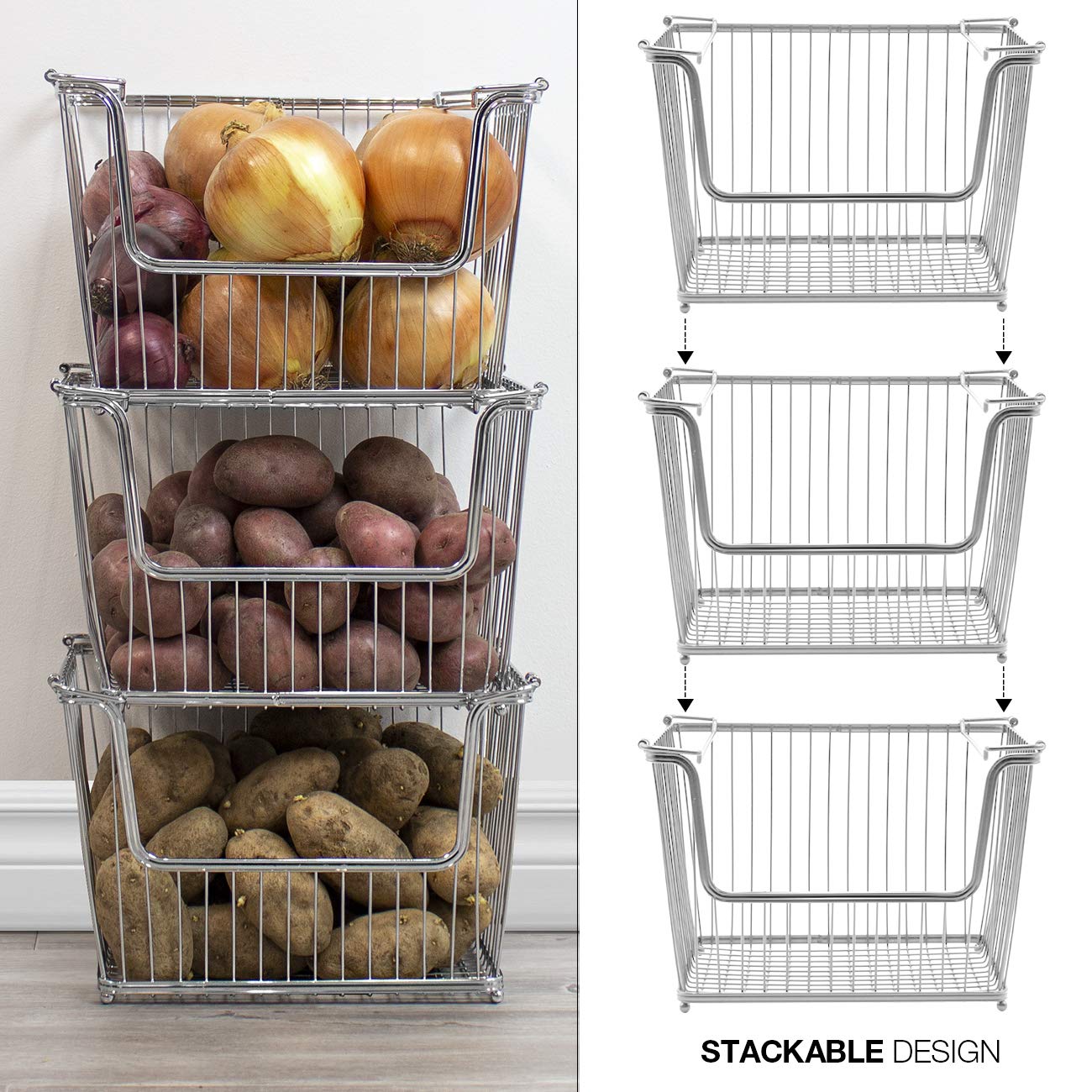 Wire Metal Basket Bin, Stackable Storage Baskets, Cubby Bins for Food, Kitchen, Home, ry Snack, Vegetable, Potato, Onion, Laundry Room, Office, Farmhouse 3-Pack, Silver)