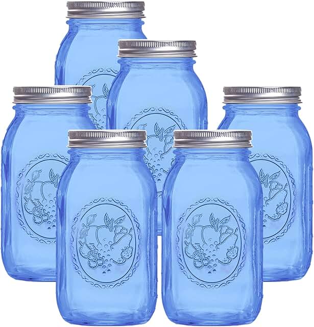 Set of 6 Blue 32 oz Mason Jars with Airtight Lids