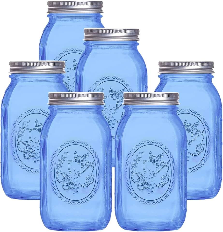 Set of 6 Blue 32 oz Mason Jars with Airtight Lids