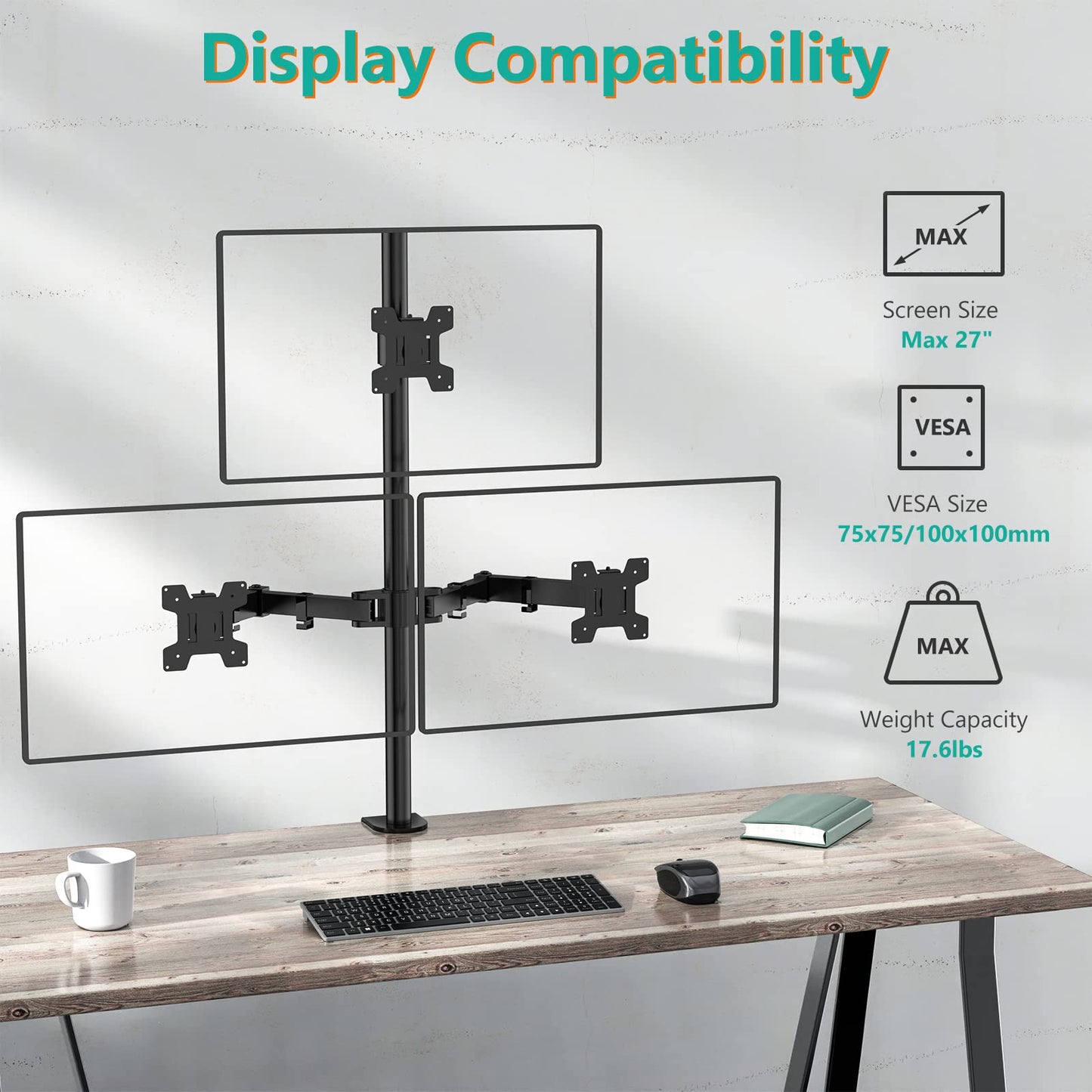 Triple Monitor Stand, Fully Adjustable Three Monitor Desk Mount Fits 3 Screens up to 27 inch, 22 lbs. Weight Capacity per Arm (M003), Black