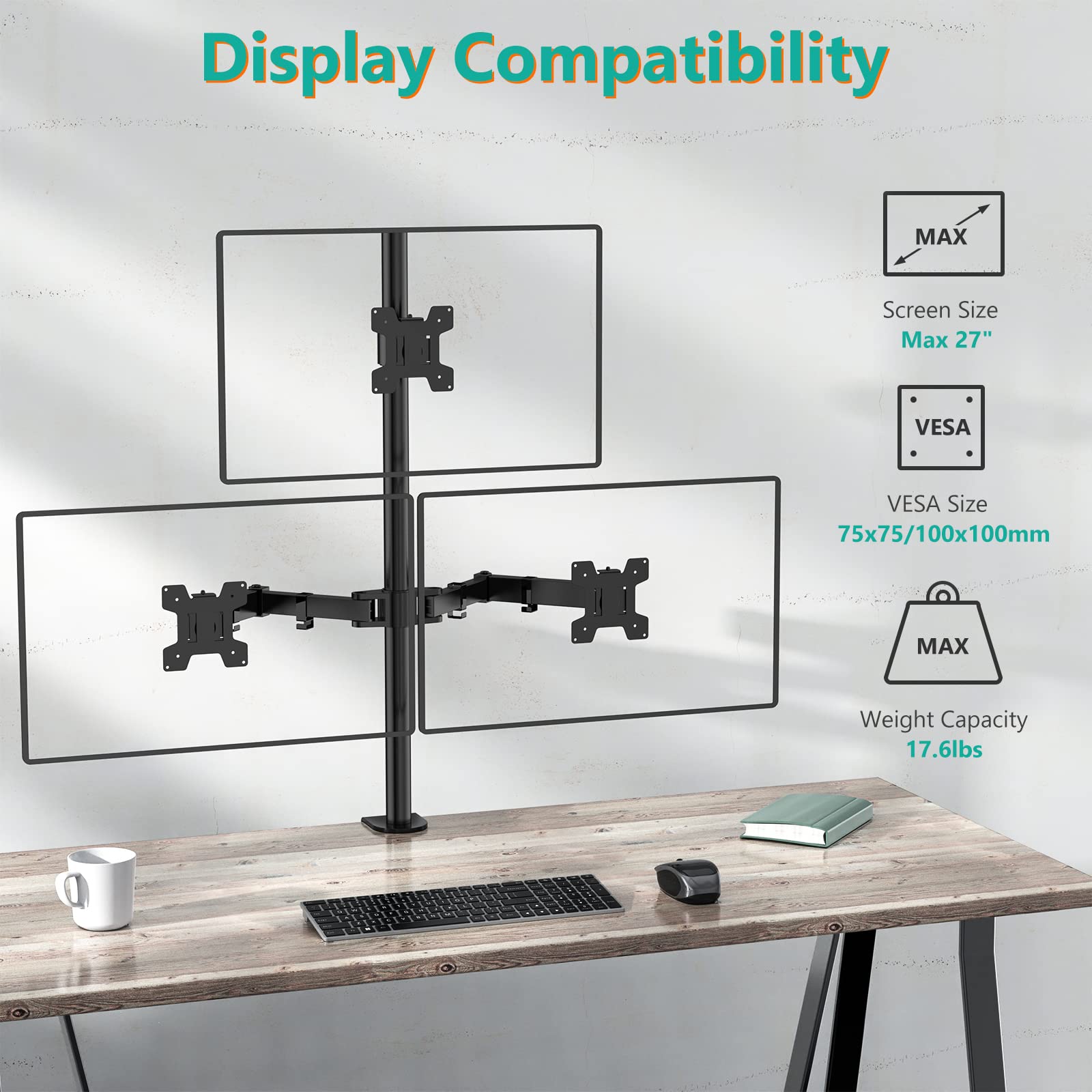 Triple Monitor Stand, Fully Adjustable Three Monitor Desk Mount Fits 3 Screens up to 27 inch, 22 lbs. Weight Capacity per Arm (M003), Black
