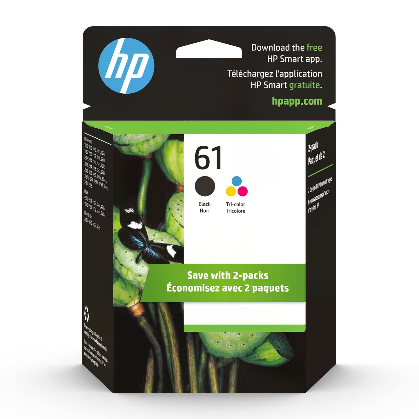Original 61 Black/Tri-color Ink (2-pack) | Works with DeskJet 1000, 1010, 1050, 1510, 2050, 2510, 2540, 3000, 3050, 3510; ENVY 4500, 5530; OfficeJet 2620, 4630 | Eligible for Instant Ink | CR259FN