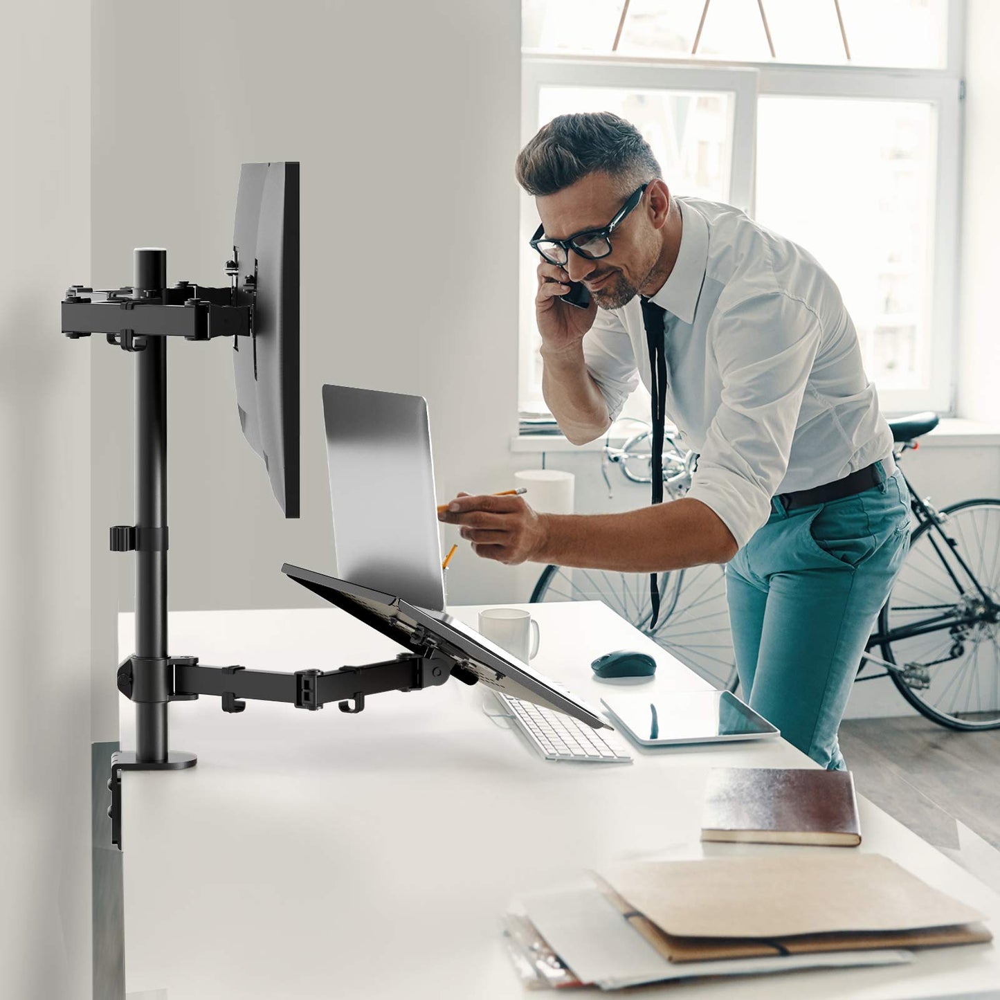 Laptop Mount, Height Adjustable Dual Monitor Mount with Laptop Keyboard Tray Fit Two 13 to 27 Inch Flat Curved Computer Screens and 10 to 17 Inch Notebooks