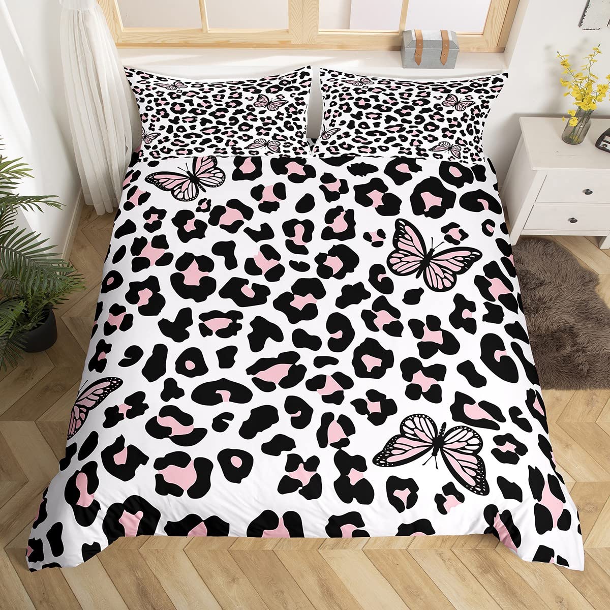 Leopard Print Duvet Cover,Butterfly Bedding Set Queen Size for Kids Boys Girls,Pink Cheetah Print Comforter Cover for Bedroom,Wild Animal Quilt Cover with 2 Pillow Shams Soft