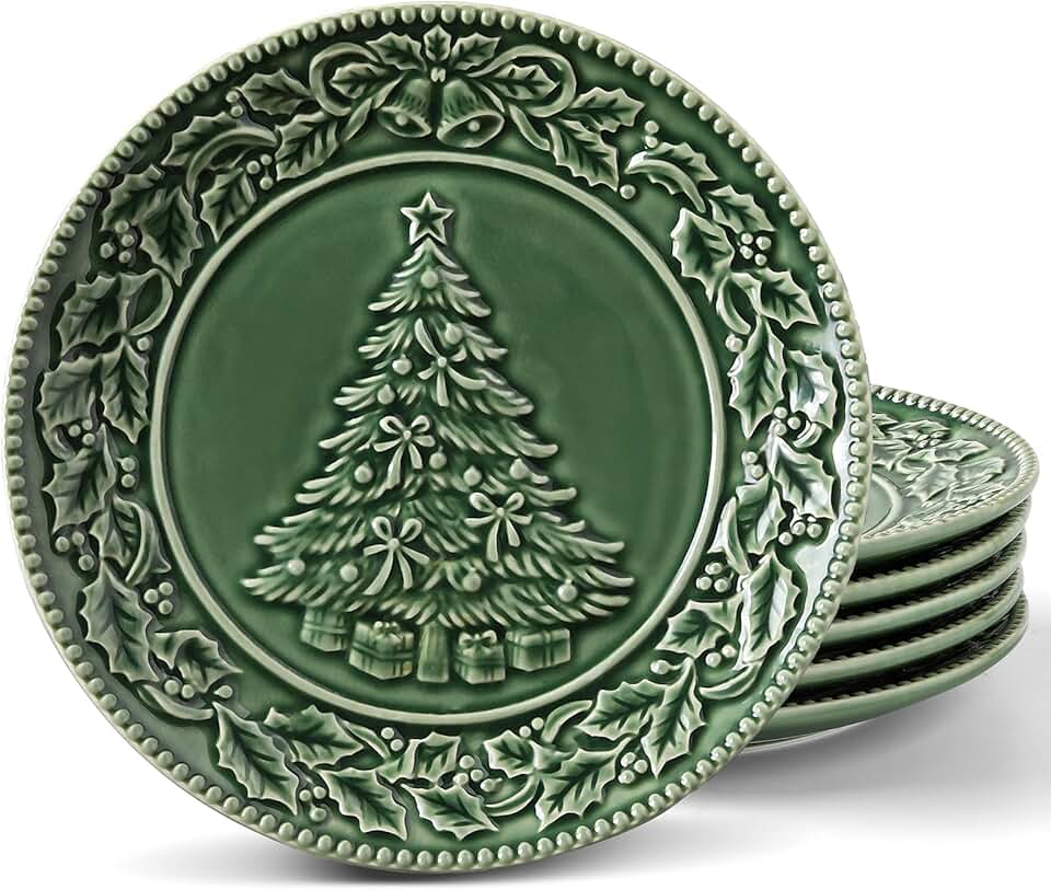Set of 6 Christmas Tree Salad Plates, 8 Inch Ceramic