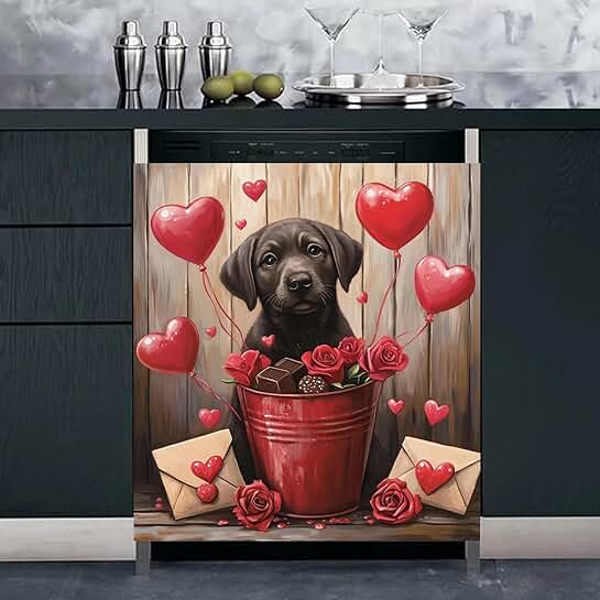Black Dog Dishwasher Door Cover with Heart Balloon Design