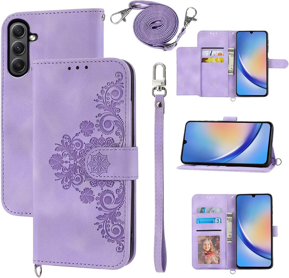 Purple Wallet Case with Wrist and Shoulder Straps for Galaxy A35
