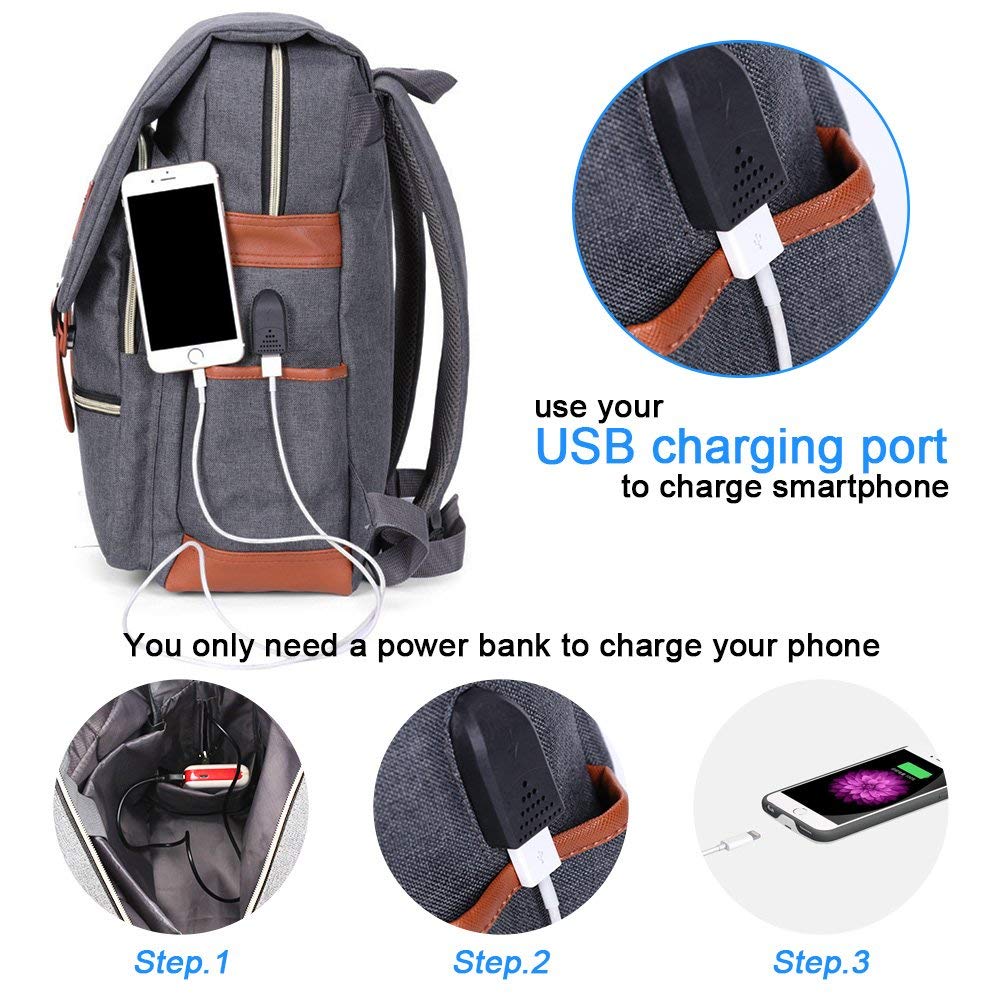 Vintage Laptop Backpack for Women Men,School College Backpack with USB Charging Port Fashion Backpack Fits 15.6Inch Notebook, Grey