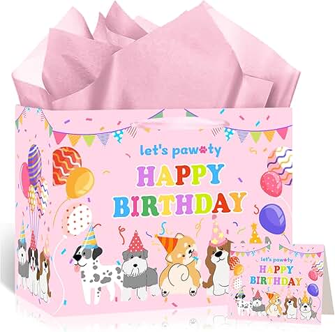 Pink Puppy Birthday Gift Bag with Tissue Paper and Card