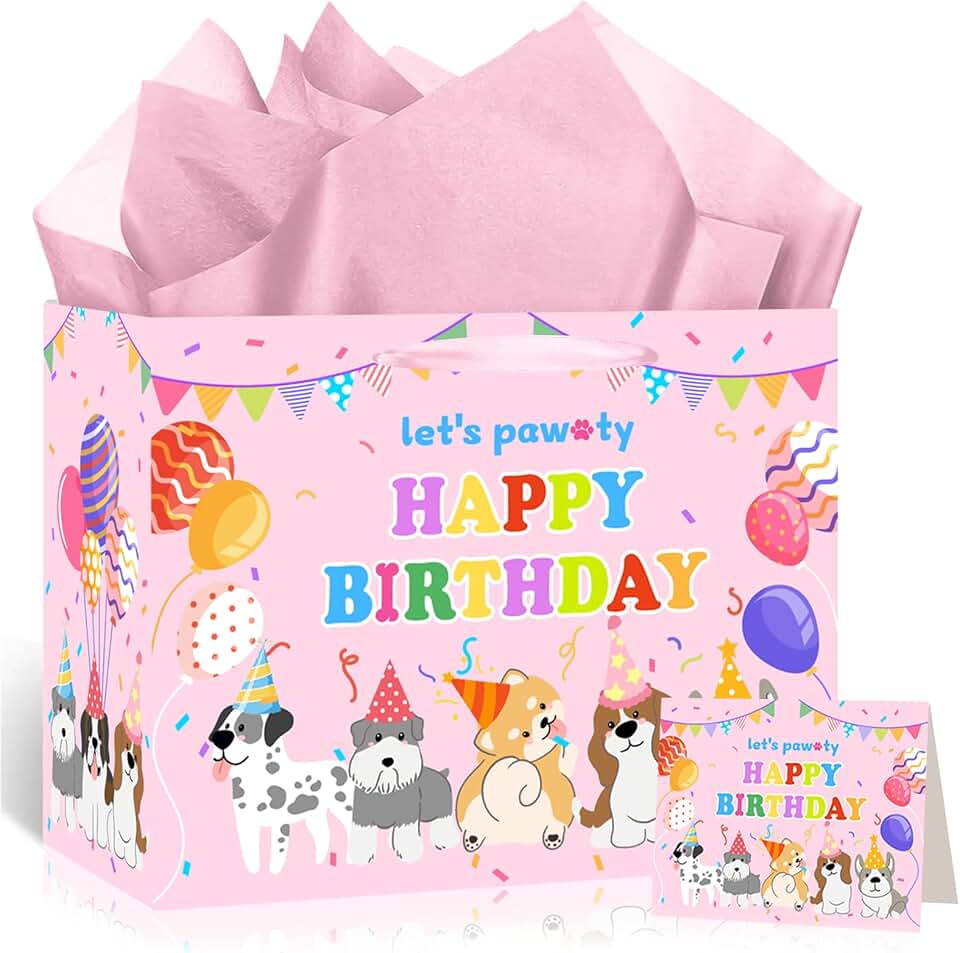 Pink Puppy Birthday Gift Bag with Tissue Paper and Card