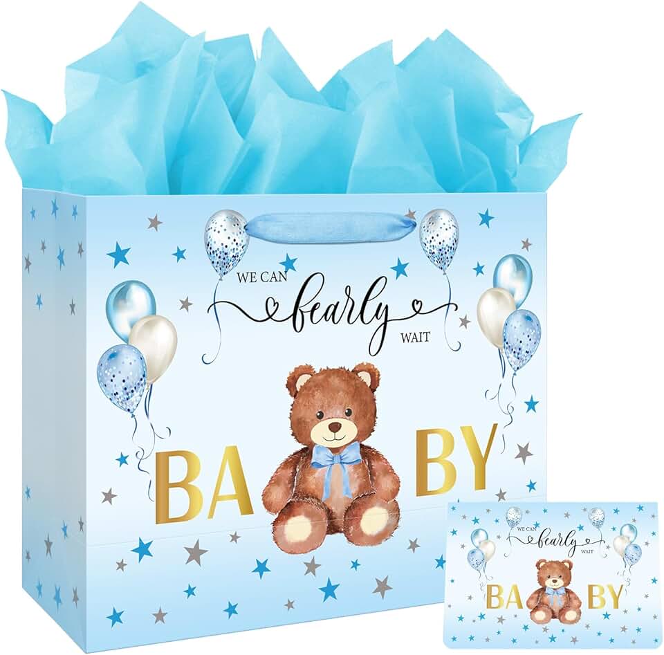 Large 13-inch Baby Shower Gift Bag with Tissue and Card