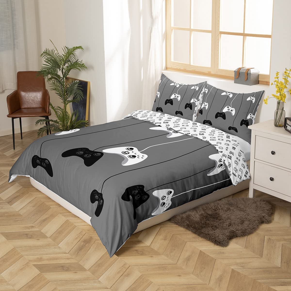 Gaming Bedding Set Twin Comforter Cover Set for Boys Kids Games Room Decor Duvet Cover, Reversible Geometric Pattern, Video Games Gamer Bedspread Cover 2 Pcs, 1 Duvet Cover and 1 Pillowcase,No Filler