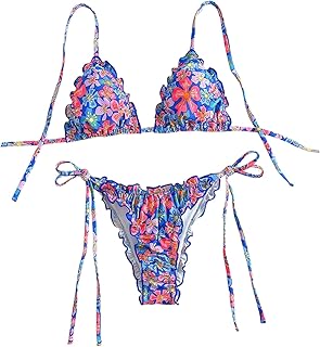 Women's Floral Triangle Bikini with Frill and Tie Sides