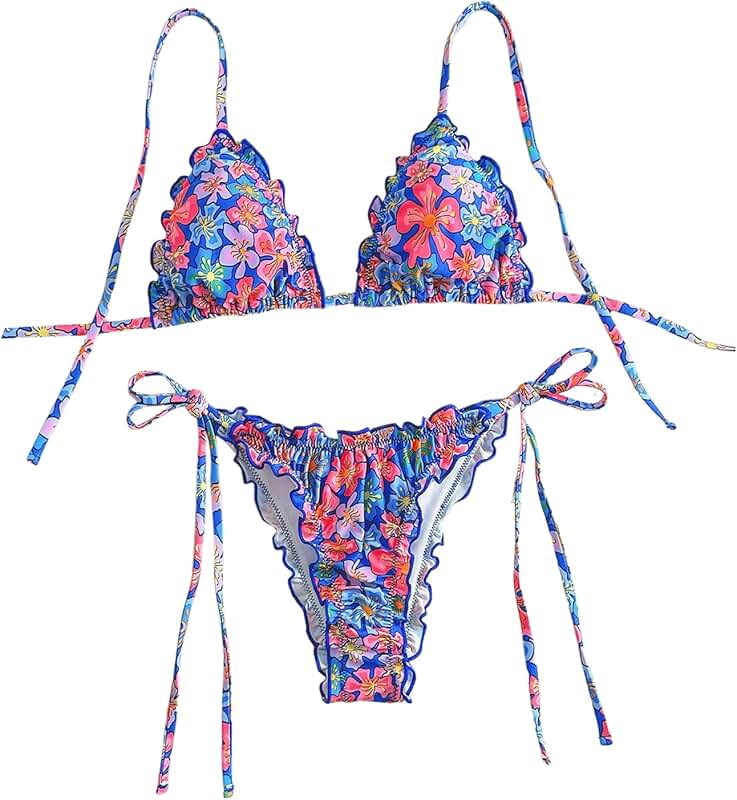 Women's Floral Triangle Bikini with Frill and Tie Sides