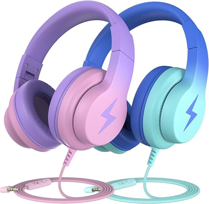 Kids wired over-ear headphones with microphone and volume limiter