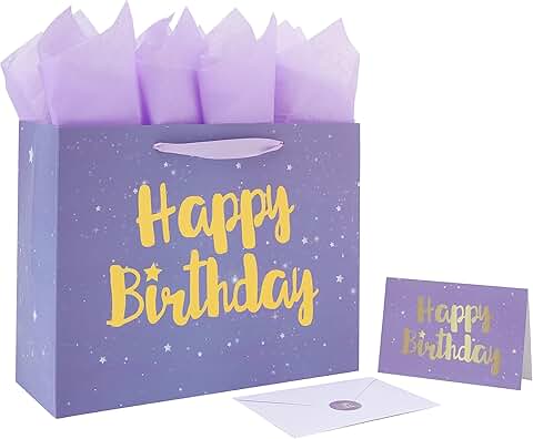 Large Purple Birthday Gift Bag with Handles and Decorations