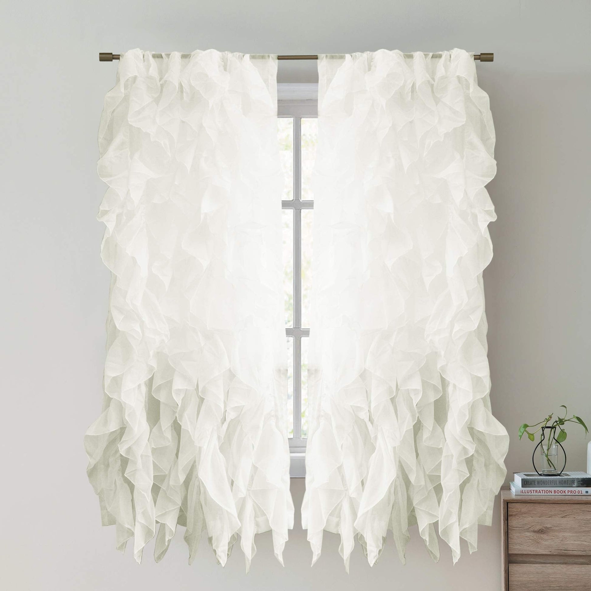  SHRPNL-63-IVR-2PK Sheer Ve Vertical Ruffled Window Curtain Panel, 63" x 50", Ivory, 2 Piece