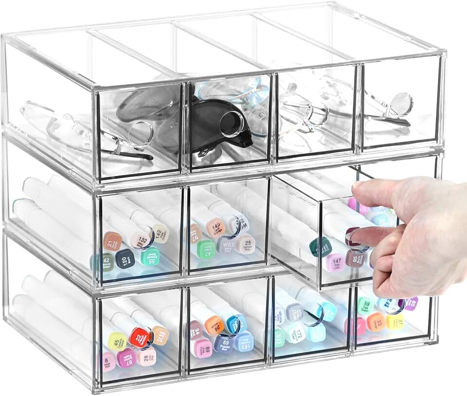 Stackable Acrylic Storage Drawers, 4 Compartments, 3 Pack