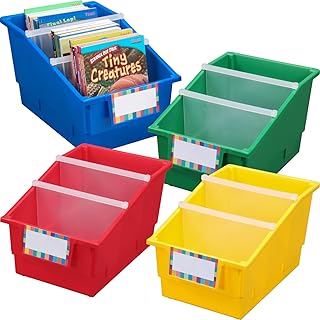 Large Rainbow Plastic Book and Document Bins, 4 Pack
