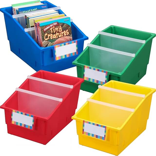 Large Rainbow Plastic Book and Document Bins, 4 Pack