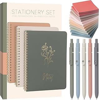 Set of 3 A5 Spiral Notebooks with Gel Pens and Sticky Notes
