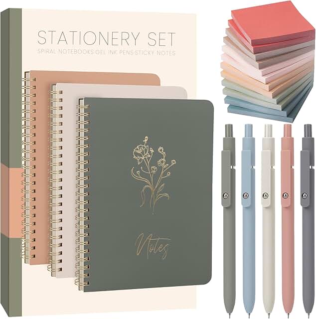 Set of 3 A5 Spiral Notebooks with Gel Pens and Sticky Notes