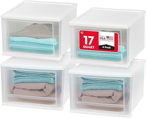 Set of four 17-quart white plastic stacking storage drawers