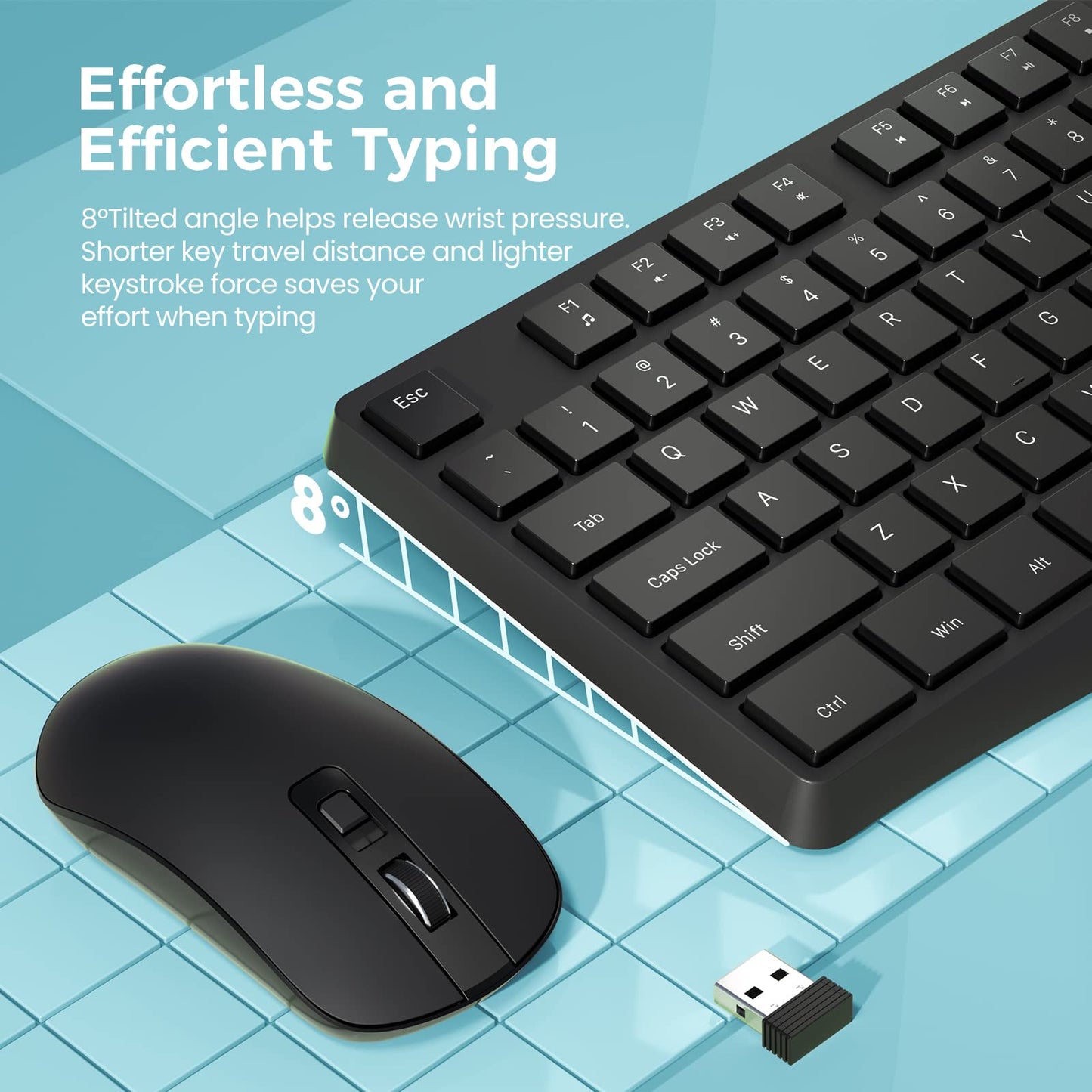 Wireless Keyboard and Mouse Combo, 2.4G Full-Sized Ergonomic Keyboard Mouse, 3 DPI Adjustable Cordless USB Keyboard and Mouse, Quite Click for Computer/Laptop/Windows/Mac
