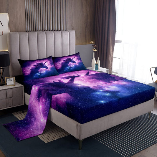 Unicorn Fitted Sheet Full Size, axy Sheet Set, Starry Sky Horse Bedding Set for Kids Boys Girls, Modern Fashion Soft Breathable Home Room Decor, 1 Flat  1 Fitted Sheet With 2 Pillow Shams Purple
