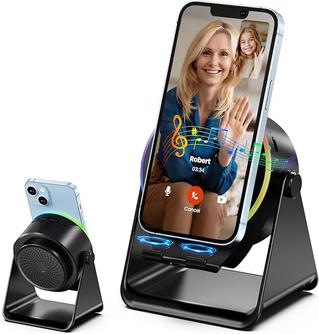 Wireless induction speaker with phone stand and RGB light