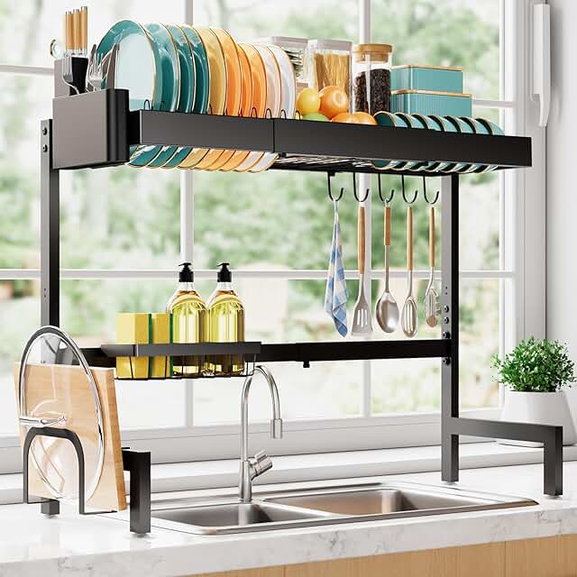 Expandable two-tier stainless steel dish drying rack