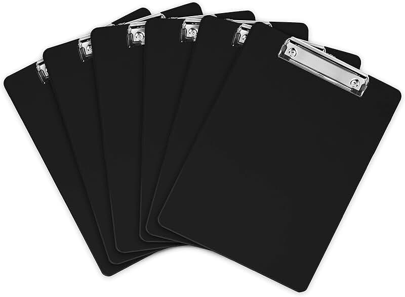 Set of 6 Black Plastic Clipboards, 12.5x9 Inches