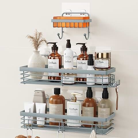 Set of 3 Wall-Mounted Shower Caddies with Hooks