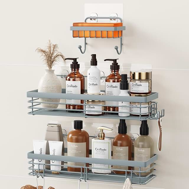 Set of 3 Wall-Mounted Shower Caddies with Hooks