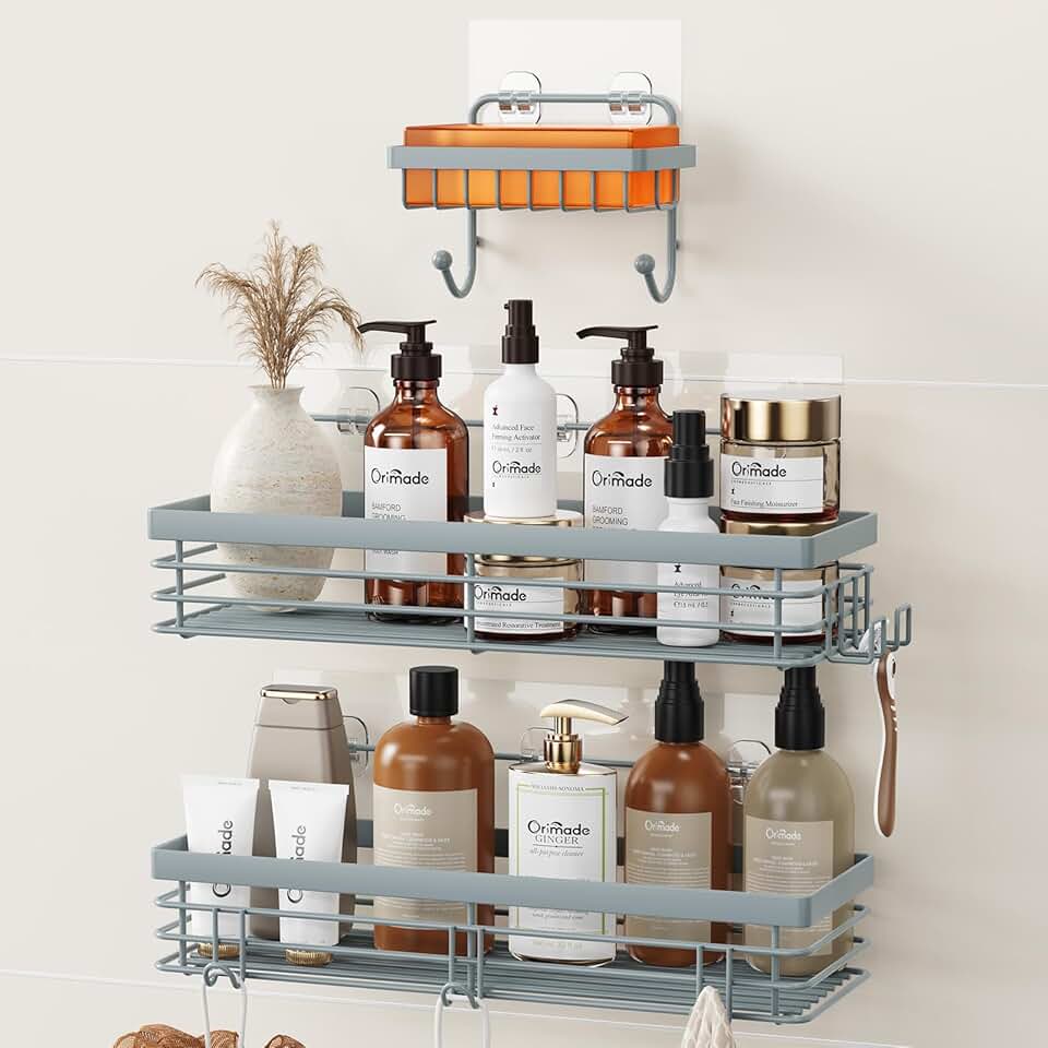 Set of 3 Wall-Mounted Shower Caddies with Hooks