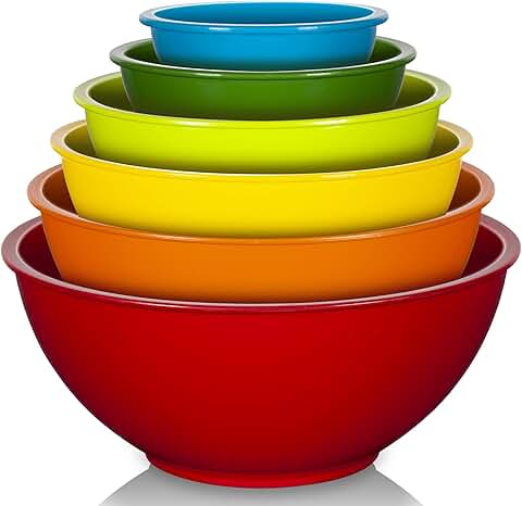 Set of 6 colorful plastic mixing bowls for kitchen use