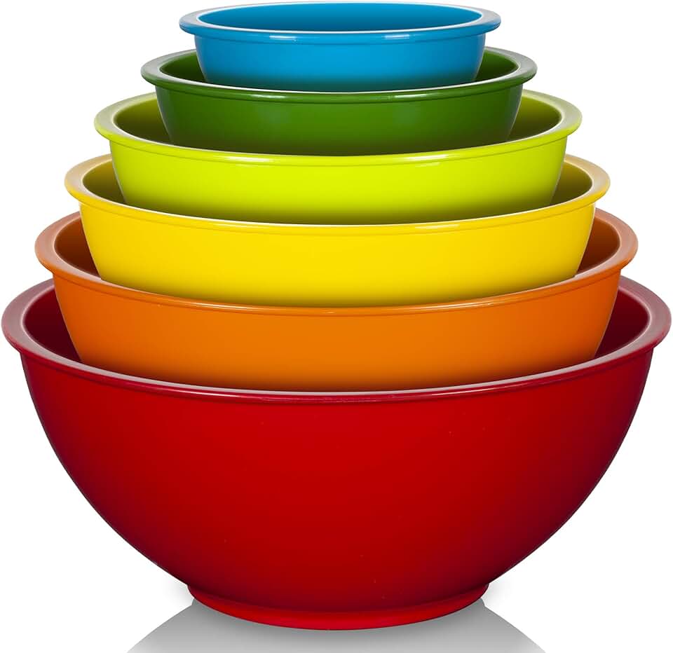 Set of 6 colorful plastic mixing bowls for kitchen use