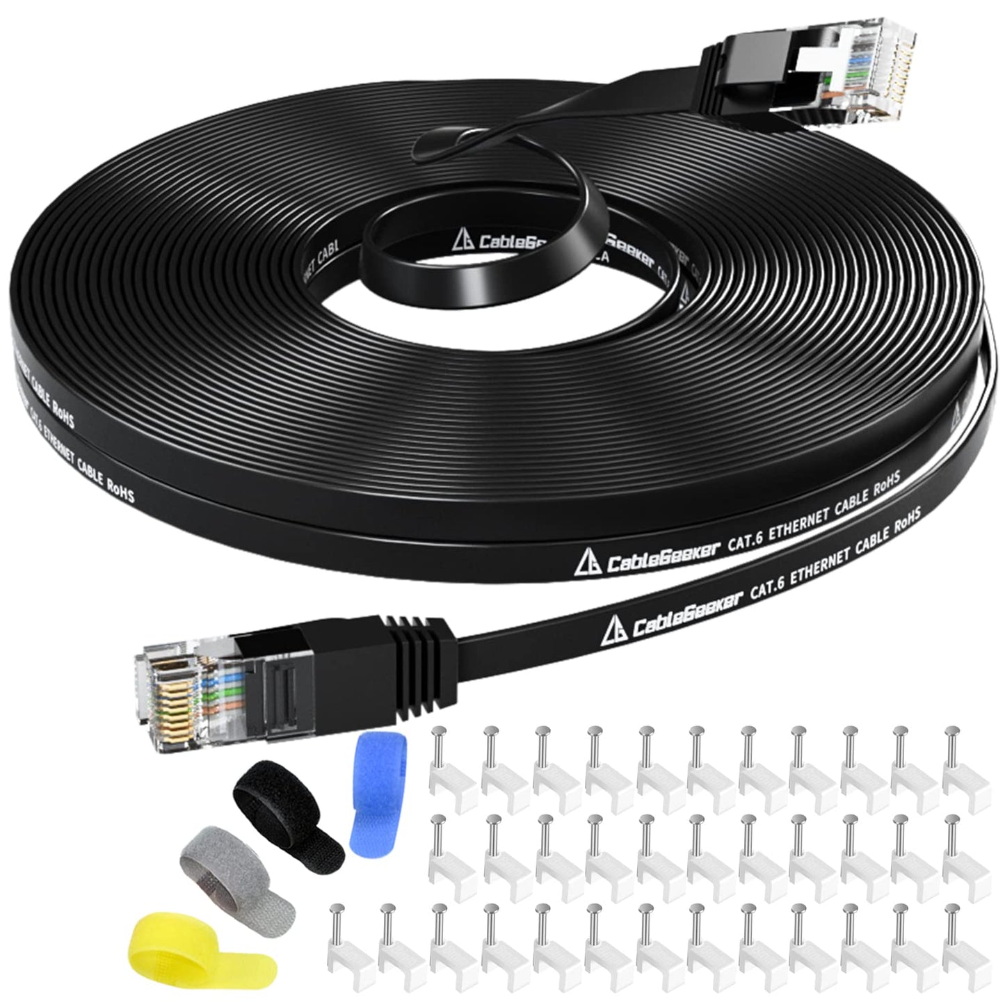 Cat 6 Ethernet Cable 100 ft (at a Cat5e Price but Higher Bandwidth) Flat Internet Network Cable - Cat6 Ethernet Patch Cable Short - Black Computer LAN Cable + Free Cable Clips and Straps