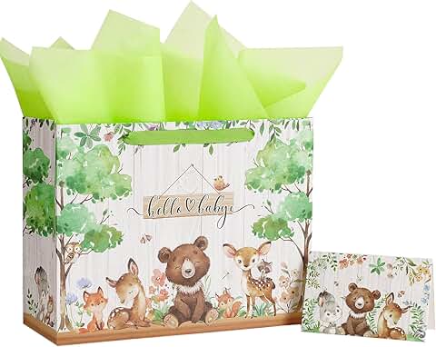 Cute Woodland Animal Baby Gift Bag with Tissue and Card