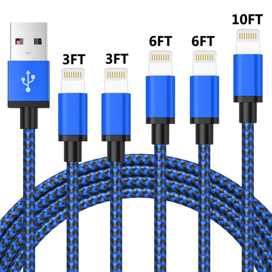 iPhone Lightning Charging Cable 5-Pack, Blue, 3/6/10FT