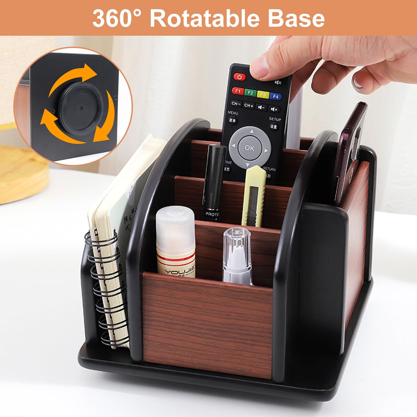Wooden rotating remote control holder with six compartments