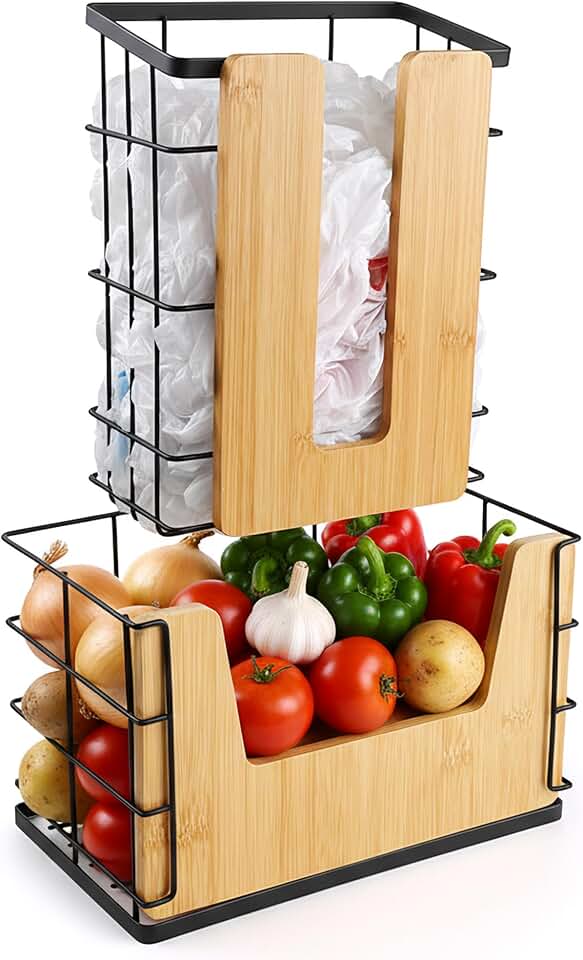 Two-Pack Bamboo Bag Dispenser and Holder for Kitchen and Laundry