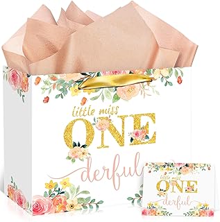 Baby Girl First Birthday Gift Bag with Card and Tissue