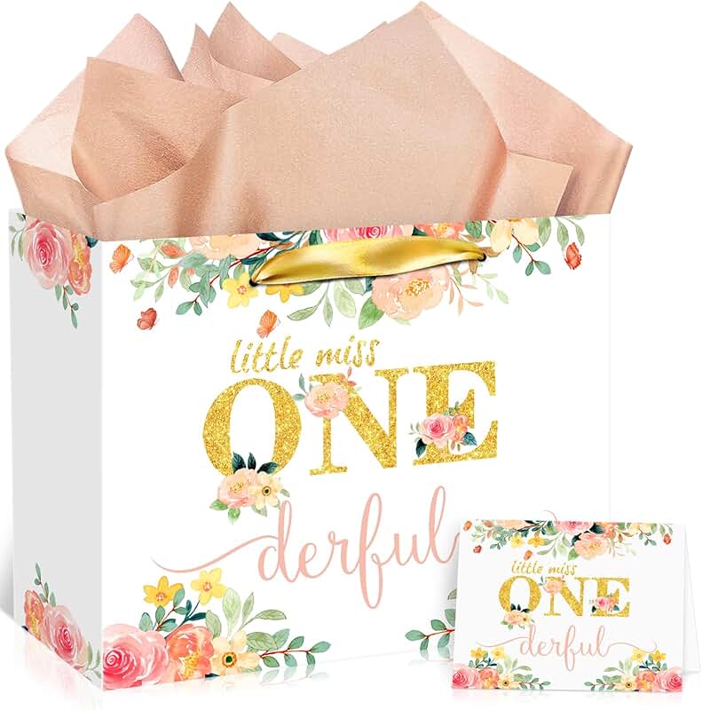 Baby Girl First Birthday Gift Bag with Card and Tissue