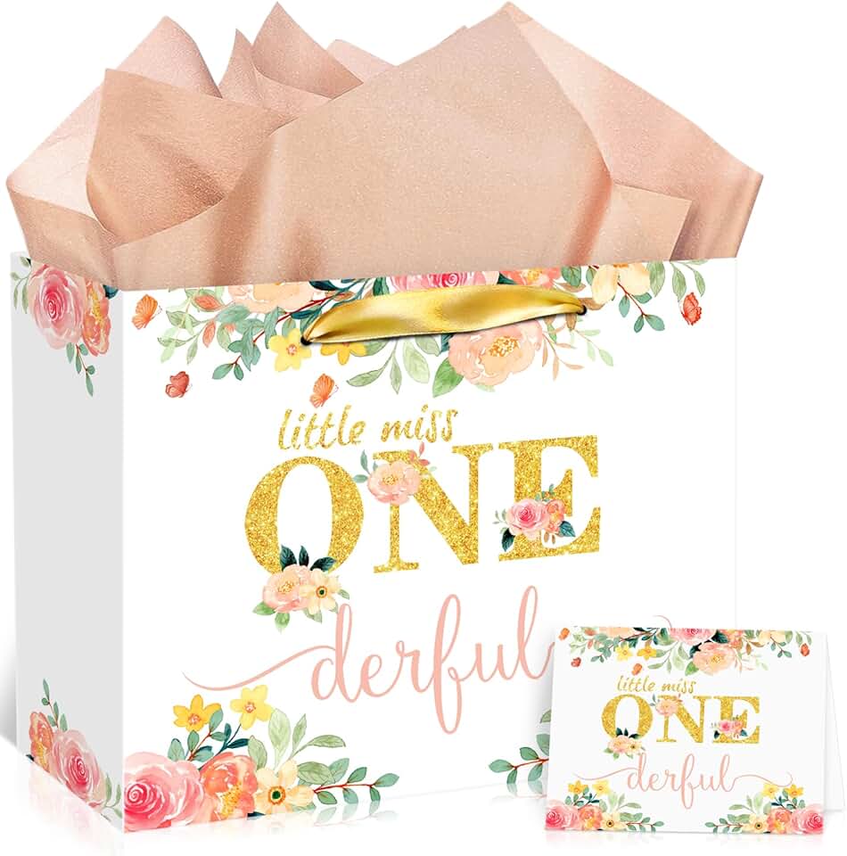 Baby Girl First Birthday Gift Bag with Card and Tissue