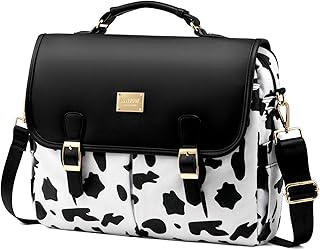 Large black cow print laptop bag for women