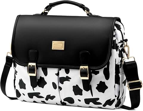 Large black cow print laptop bag for women
