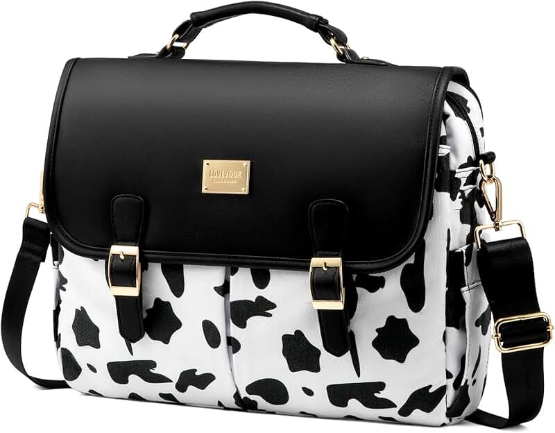 Large black cow print laptop bag for women